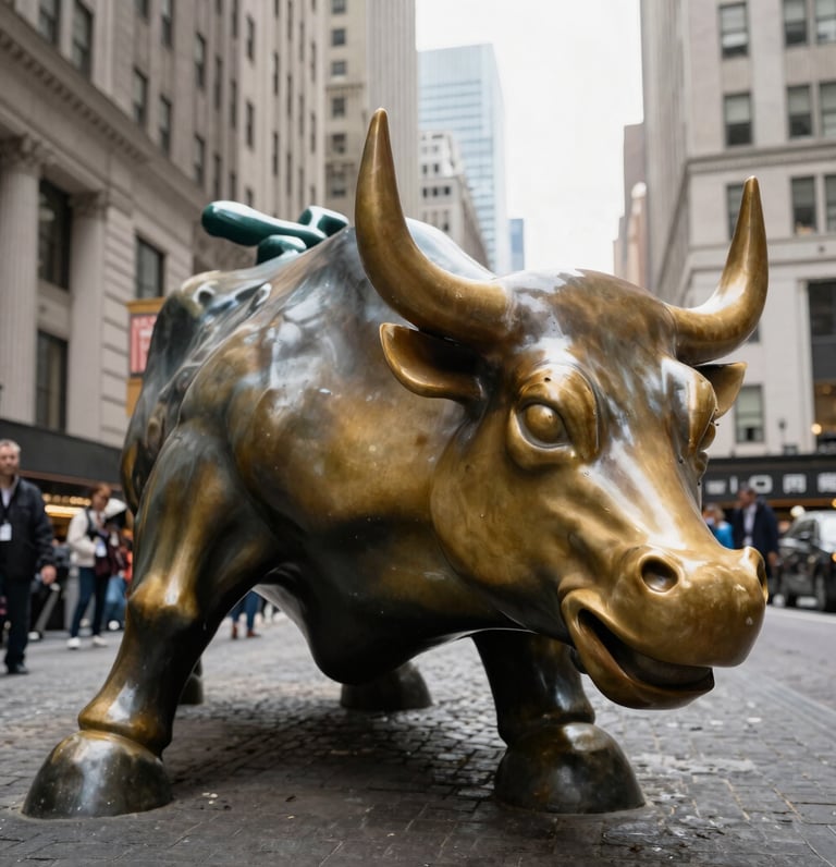 A confident bull statue overlooking a bustling city skyline at sunrise