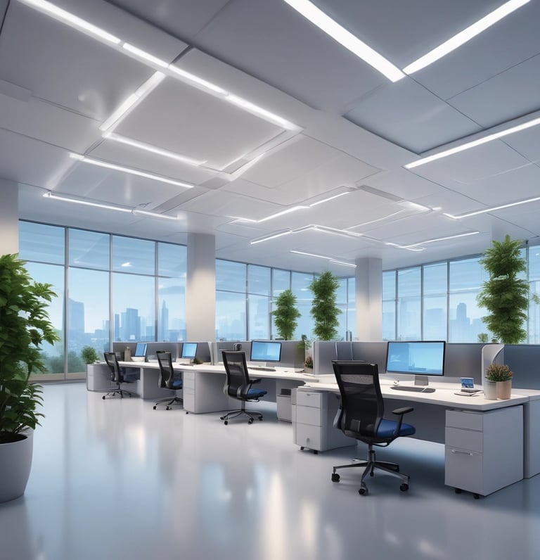 A sleek, modern office environment with professionals collaborating, reflecting corporate services.