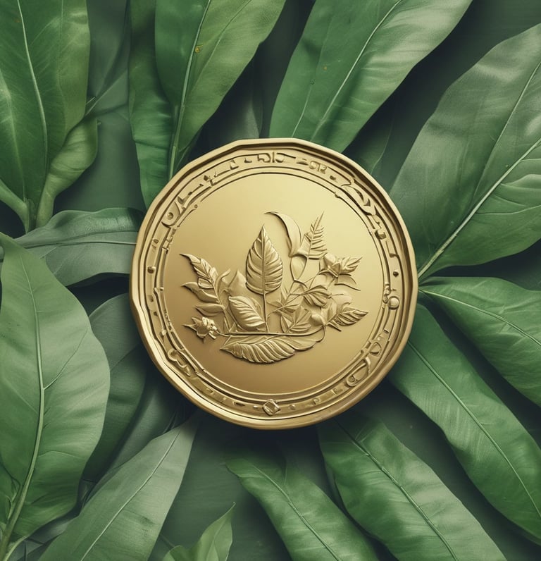 A vibrant green coin with a leaf emblem, surrounded by digital blockchain nodes and a subtle earth background.