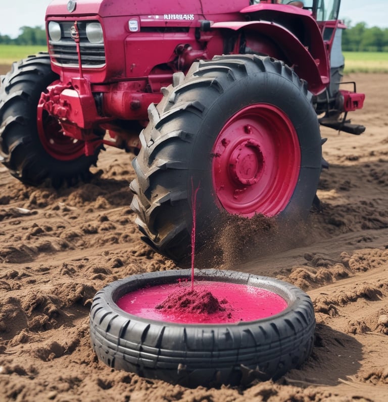 Close-up of a tractor tire filled with liquid tire ballast, parked on a farm field.
