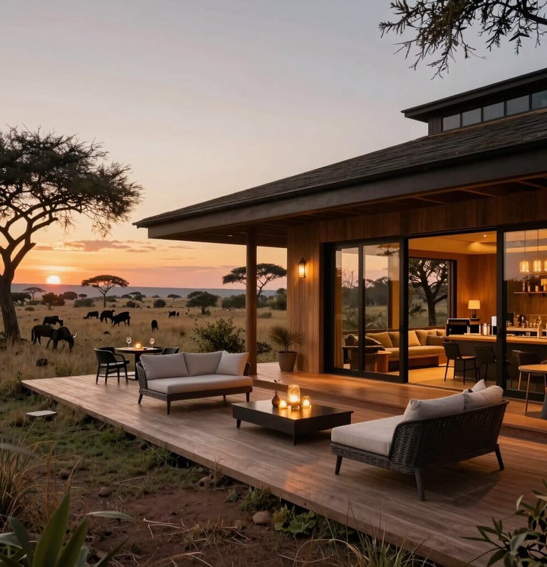 A breathtaking African safari scene with elephants crossing a golden savannah under a deep blue sky