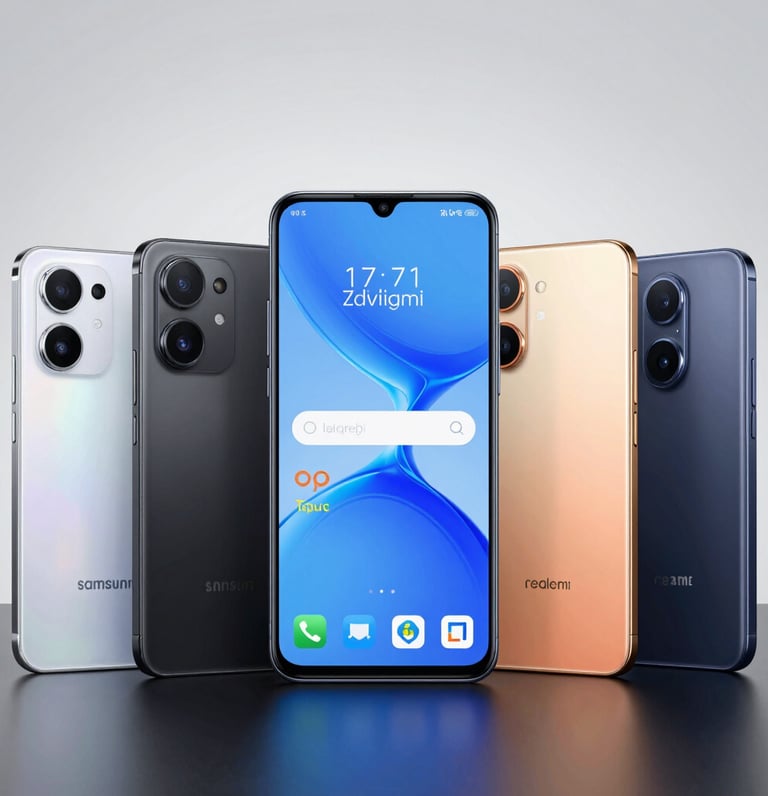 A vibrant display of various Android smartphones from Samsung, Motorola, Realmi, Xiaomi, Poco, and Infinix arranged on a sleek wooden table.