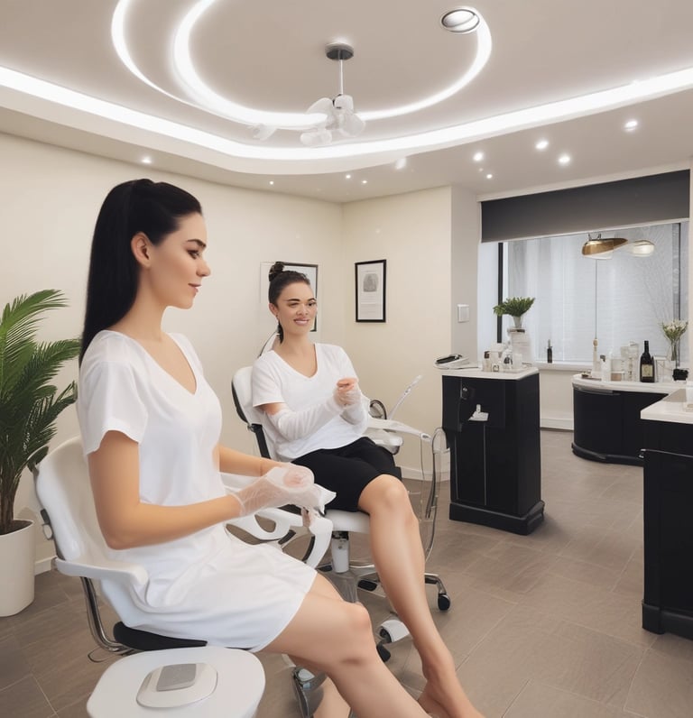 A welcoming beauty salon interior with tattoo and nail art stations.