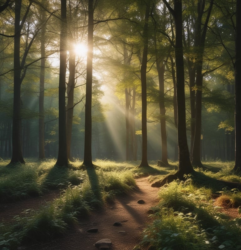 A serene outdoor setting with tarot cards laid out on a wooden table surrounded by lush greenery.