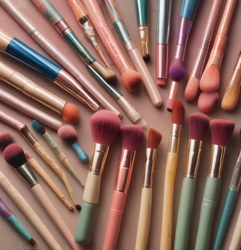 A vibrant flat lay of  makeup products, hairbrushes, and nail polishes on a bright background.