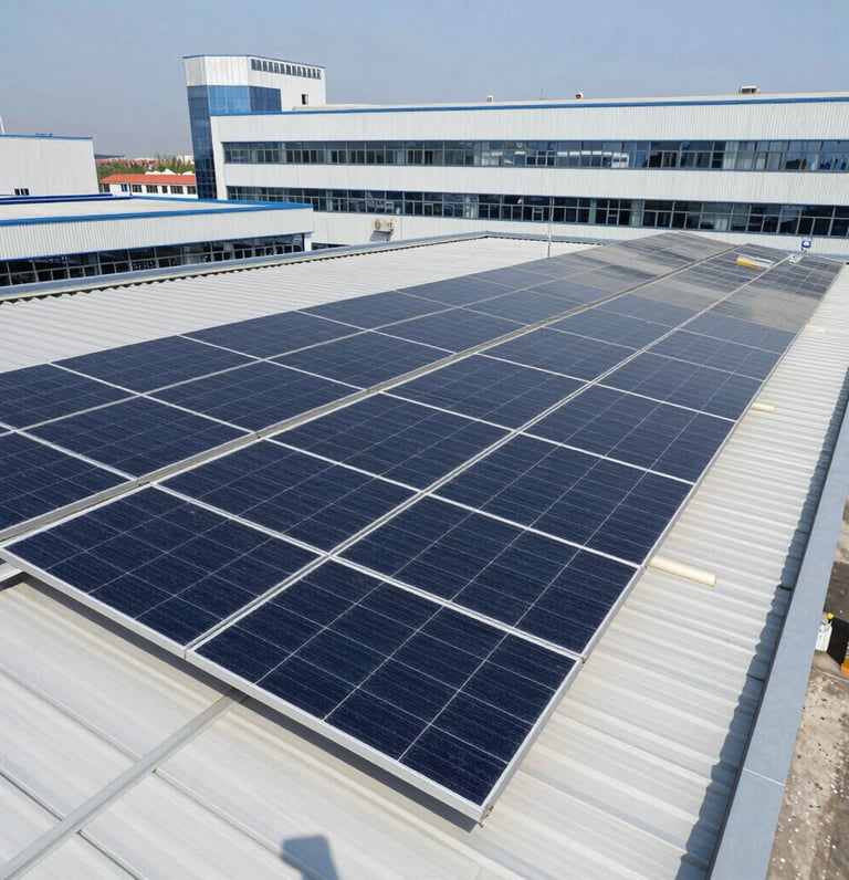 A solar panel installation on a commercial rooftop under a bright blue sky