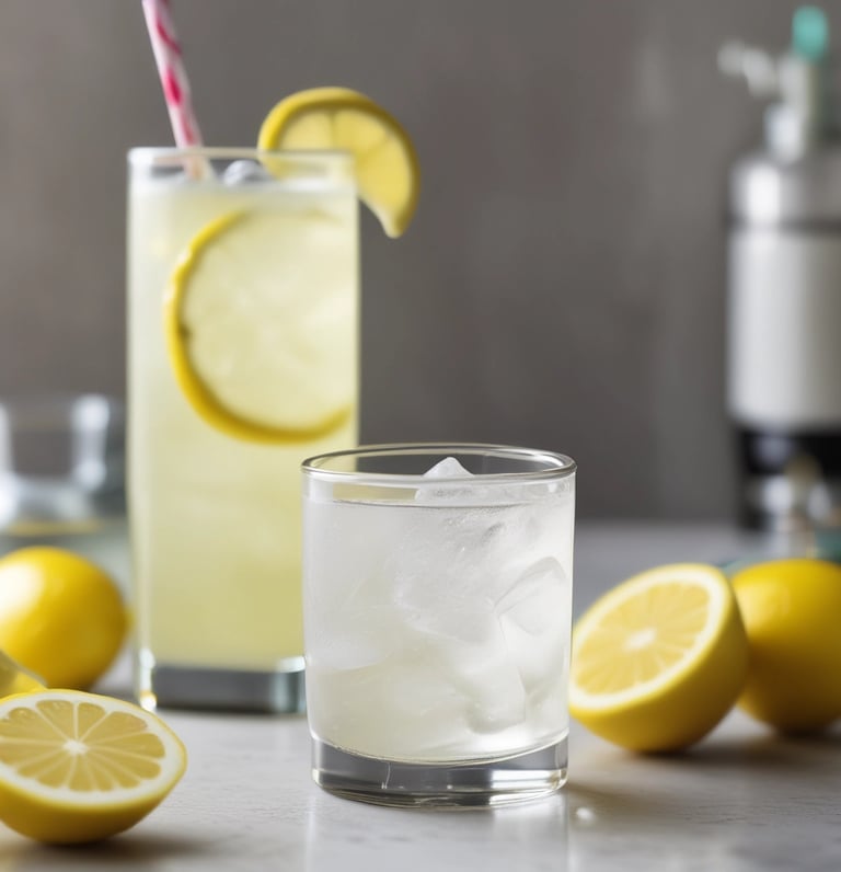 A warehouse interior showing a forklift moving beverage crates with shelves full of drinks.