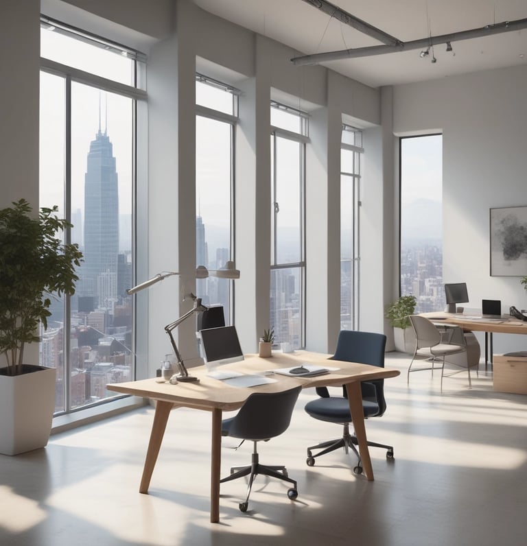 Abstract modern architecture with clean lines and deep blue and magenta accents