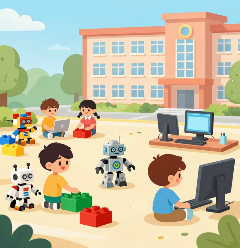 Children happily coding and building robots in a colorful summer tech camp setting