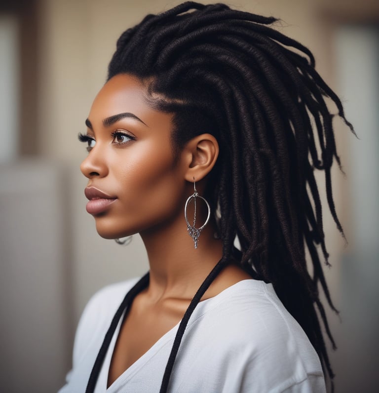 A full-page photo of an Afro woman with fine dreadlocks bathed in golden light.