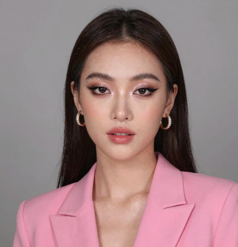 Retrato de una mujer con delineador de ojos alado y maquillaje rosa suave con una chaqueta rosa.