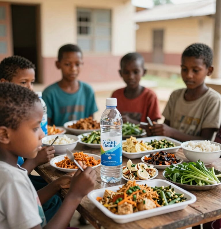 A group of volunteers distributing food parcels with warm smiles in a community courtyard.
