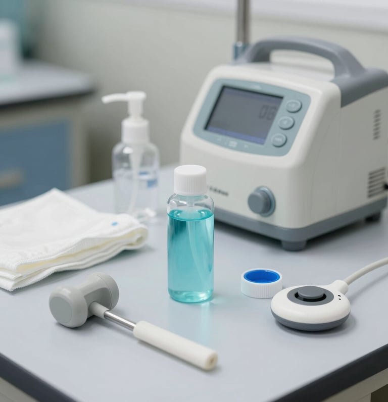 A clean, modern medical supply warehouse with shelves stocked with boxes and equipment, bathed in soft blue and white lighting.