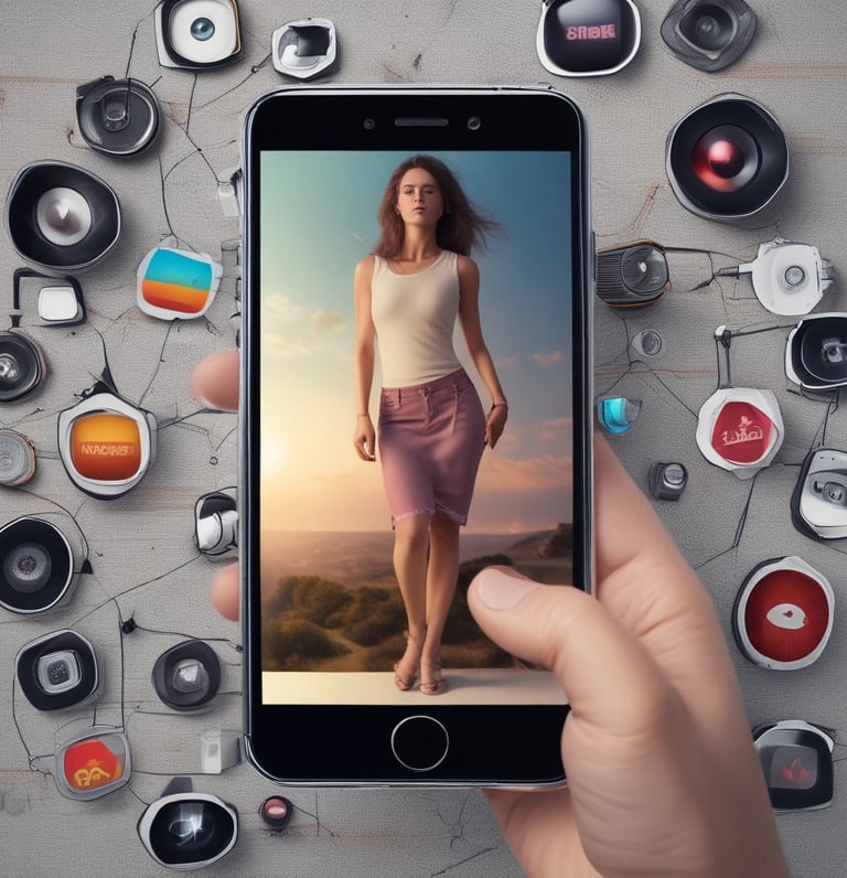 A person holding a smartphone filming a small video setup with basic audiovisual equipment