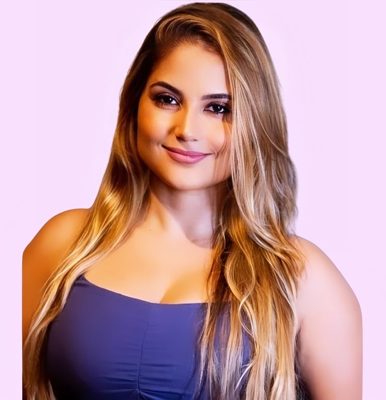 Rosiane Assumpção com um leve sorriso e um fundo rosa claro