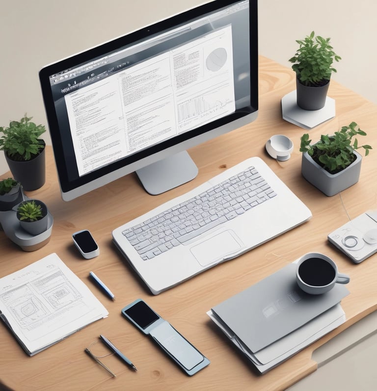 A laptop displaying a website design with the phrase 'Build your dream website.' next to a minimalistic building image. The scene also includes a modern mug and a smartphone placed on a wooden desk.