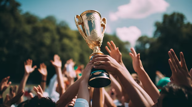 Holding a trophy