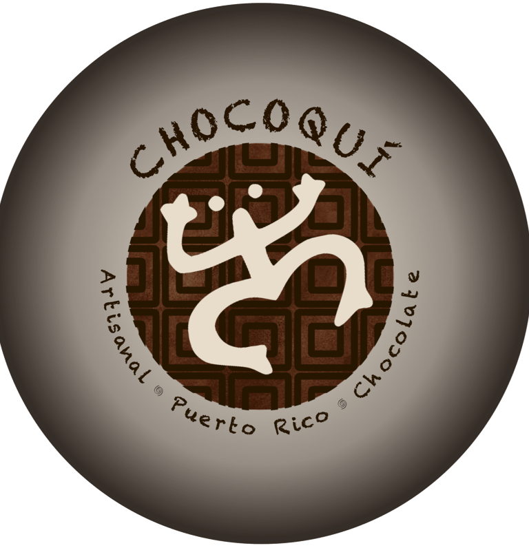 a Taino Coqui hieroglyph over a bed of chocolate squares, forming the logo for the Chocoqui company
