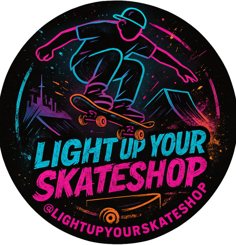 Custom 3D-printed lightbox with independent skate shop logo, illuminated on a display shelf.