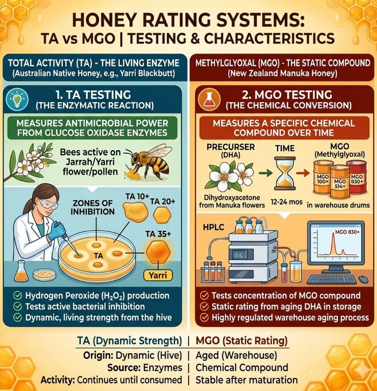Comparison of Yarri Blackbutt TA35+ and Manuka Honey MGO 2000+ rating testing systems