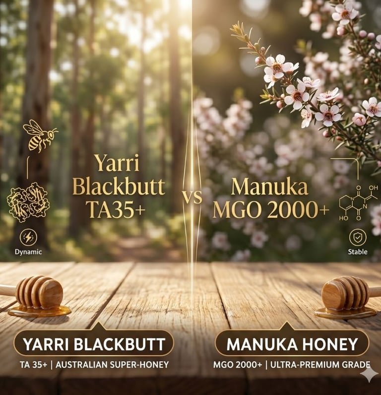 Comparison of Yarri Blackbutt TA35+ honey and Manuka MGO 2000+ with honey dippers in a forest.