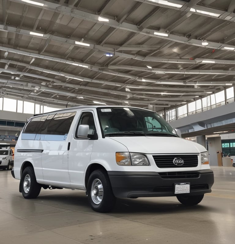 A comfortable shuttle van parked outside an Ohio airport terminal with a driver greeting a passenger.