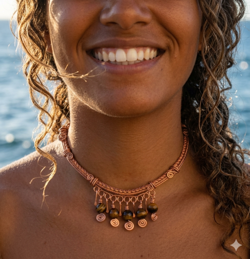 Mujer sonriente en la playa, luciendo un collar hecho a mano con alambre de cobre y cuentas