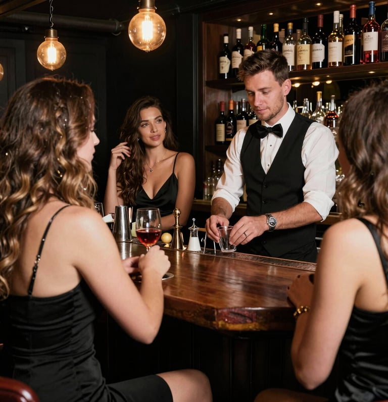 A cozy bar scene with a person reading a book titled 'What Your Bartender Won't Tell You' while sipping a cocktail.