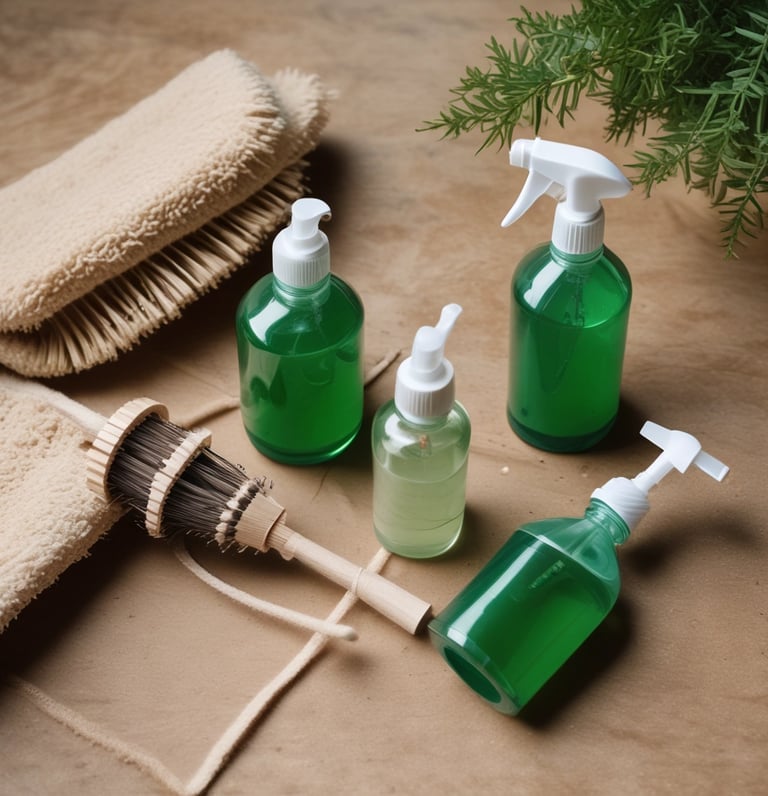 Three bottles of Earth Choice cleaning products are lined up on a wooden surface. The bottles have liquid inside and feature colorful labels with natural imagery like lemons and flowers. Each bottle is topped with a white cap, and the background is a solid teal color.