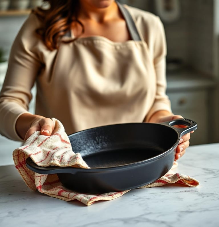 woman drying a cast iron skillet with a kitchen cloth