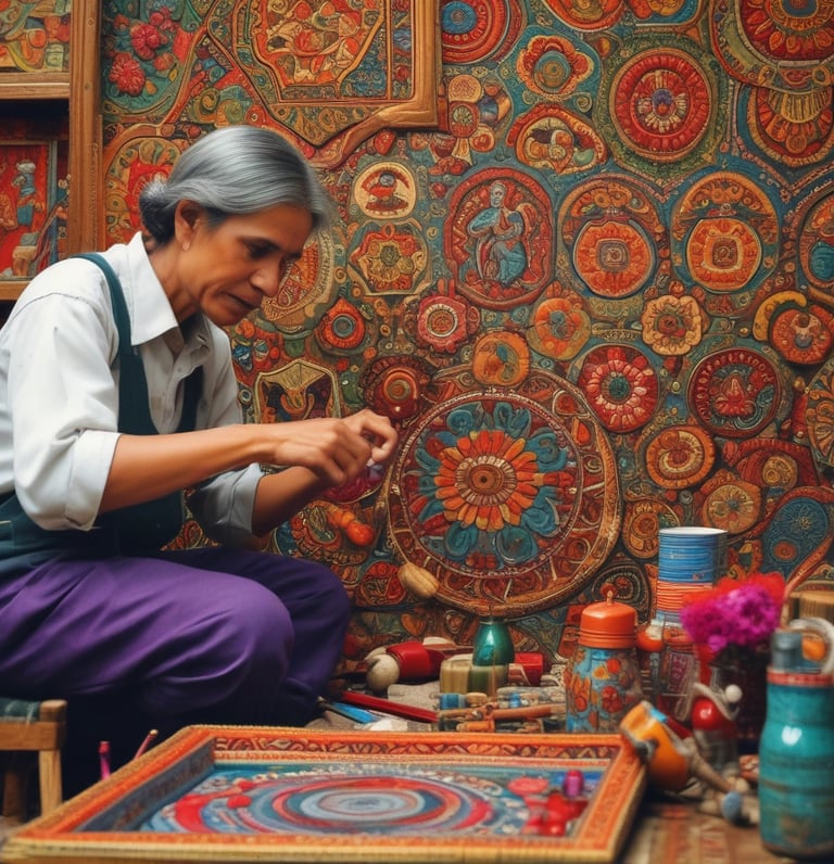A rustic market stall showcases an array of traditional handicrafts, including decorative woven baskets and colorful textiles. The scene is set under a wooden canopy with stone pillars, and the ground is cobbled. Various handcrafted items are neatly arranged, featuring intricate patterns and vibrant colors.