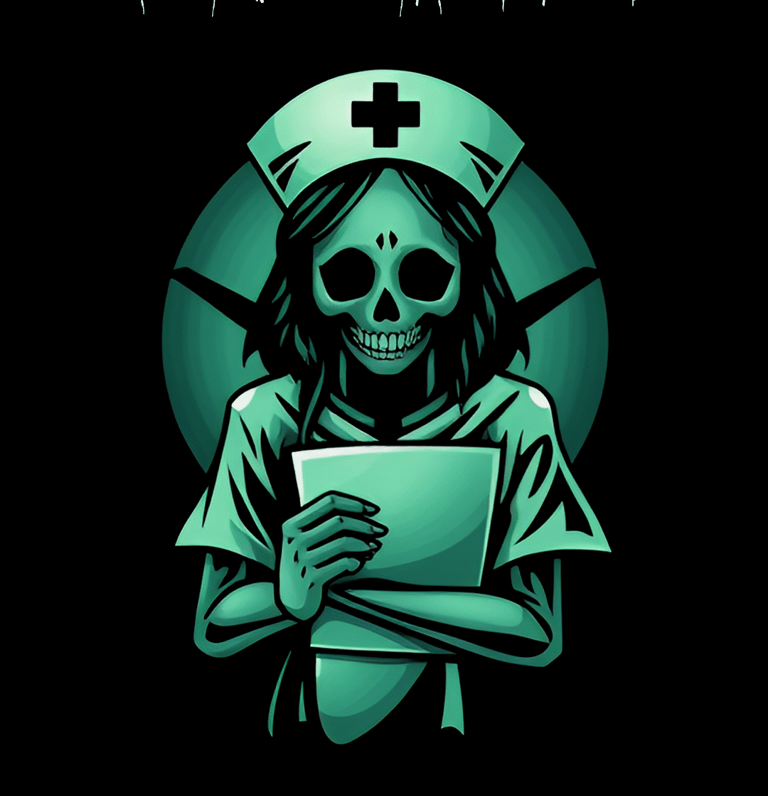 a skeleton in a hospital gown holding a tablet