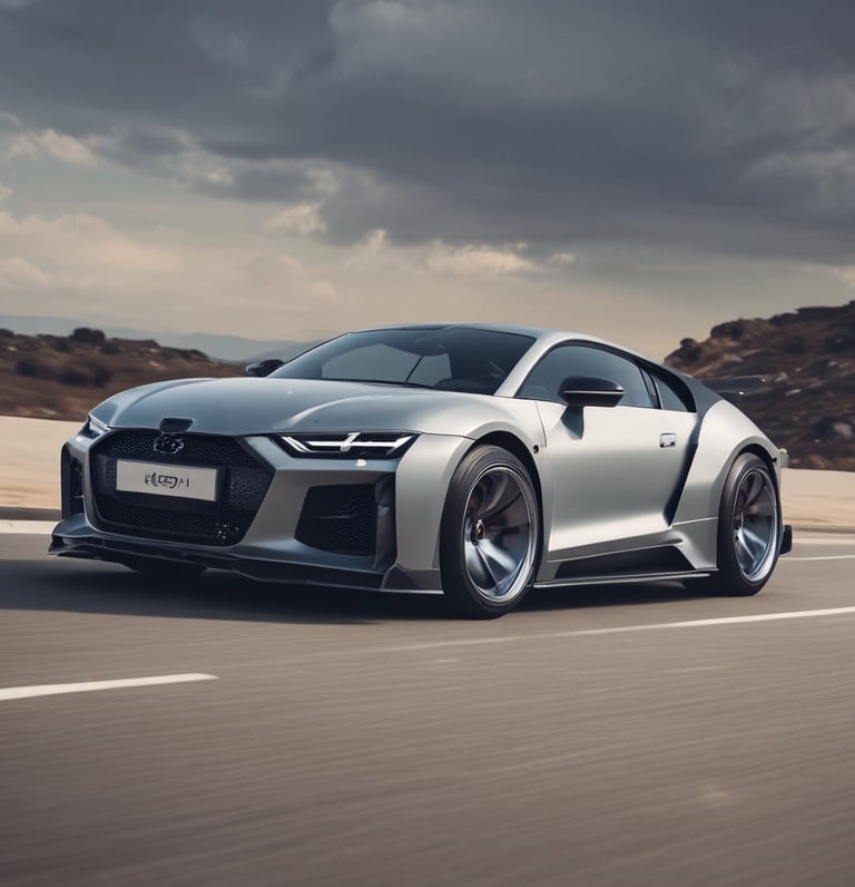 A modified sports car is showcased, featuring a sleek black and white exterior with custom detailing and branding. It is parked on a stone-paved area near other sports cars, with a building in the background adorned with automotive posters. A palm tree is visible beside the structure.