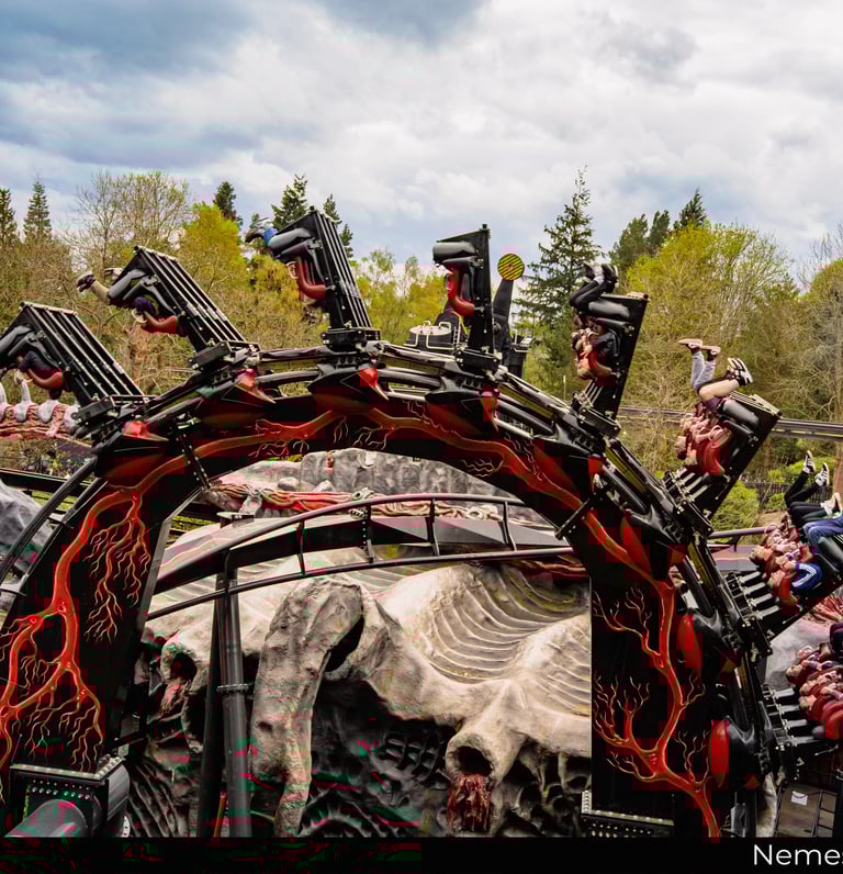Roller Coaster in an inverted loop with people with legs in the air
