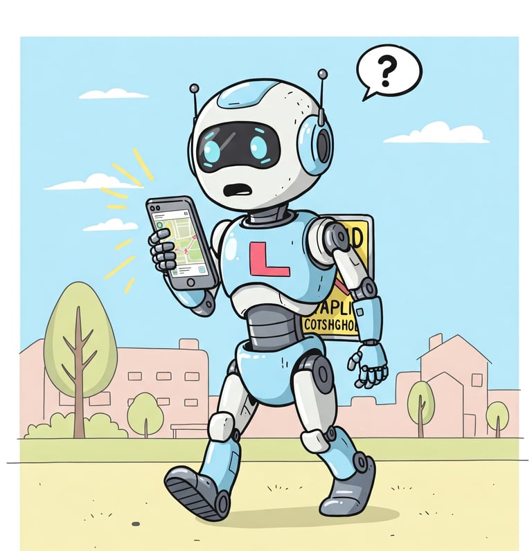 Robot mirando un smartphone al revés sin entenderlo. Lleva una L de prácticas.