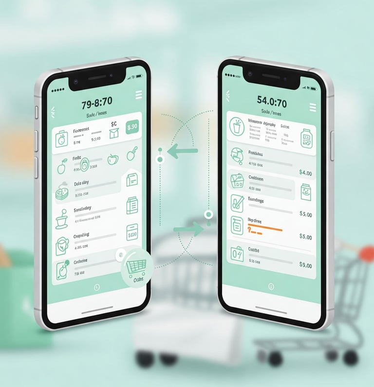 Dos móviles enfrentados. En cada uno se muestra una lista de la compra.