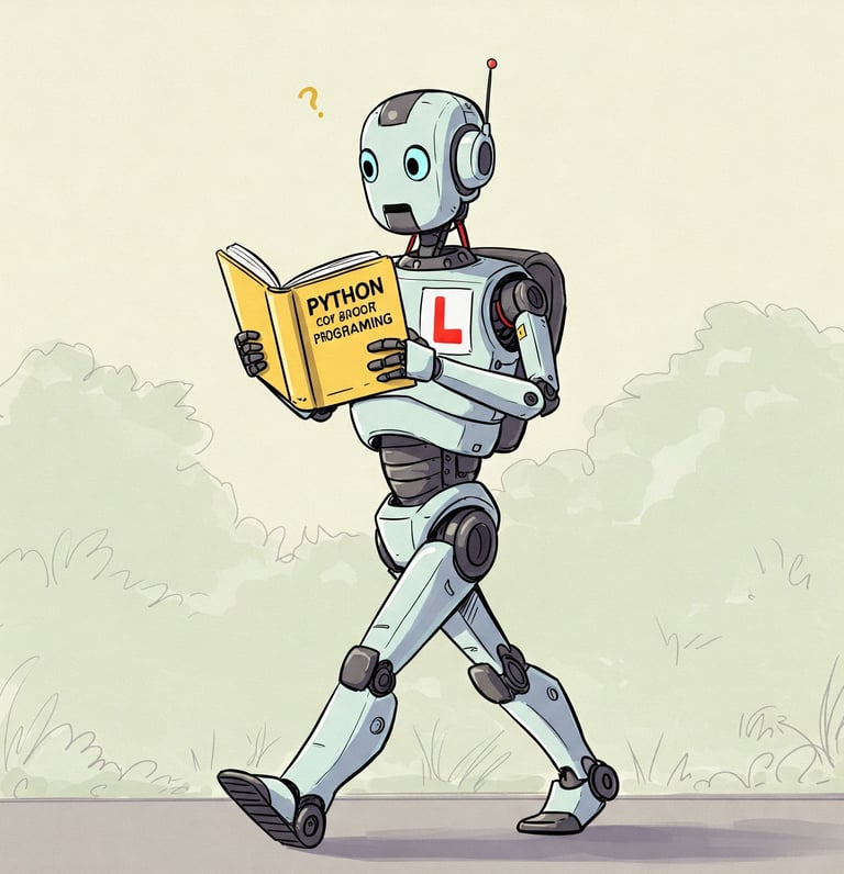 Robot hojeando un libro de Python sin entenderlo. Lleva una L de prácticas.