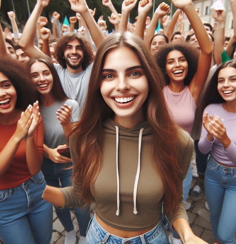 Happy Community. A woman with a smile on her face and arms up in the air