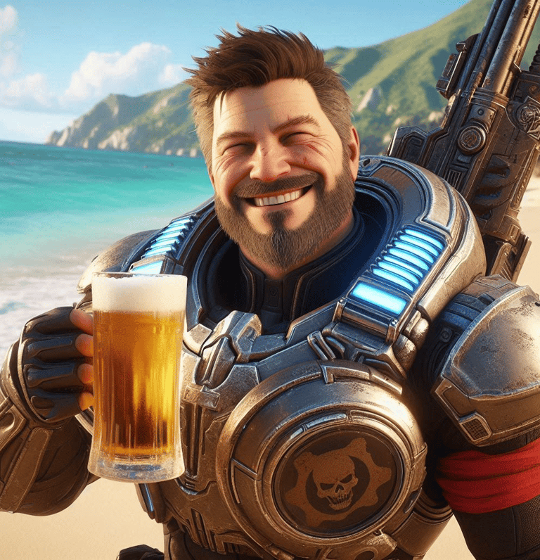 A man in Gears armor and a glass of beer