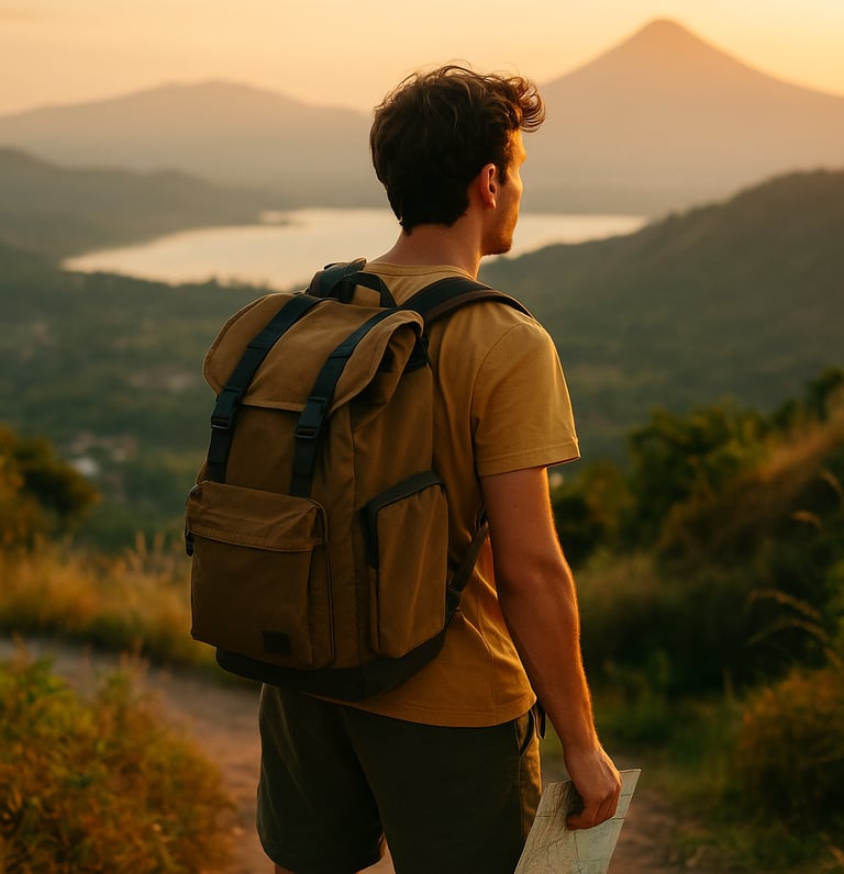 Young male backpacker standing on a scenic hilltop trail at sunset, holding a map and looking toward distant mountains and a