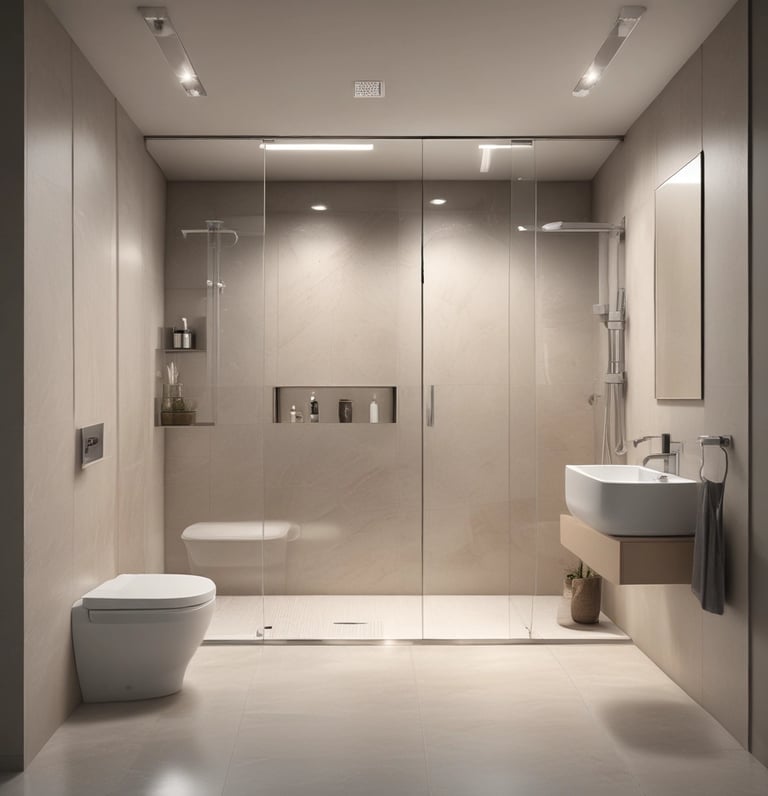 A modern bathroom showing a sleek shower replacing an old bathtub.