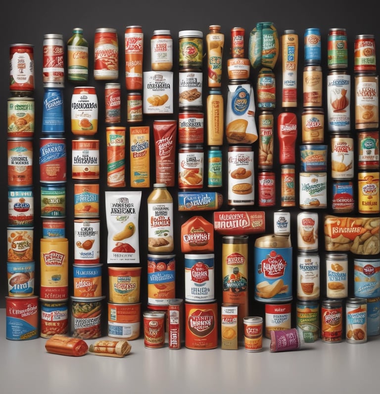 A vibrant market stall filled with colorful international food products and smiling customers sampling tastes.