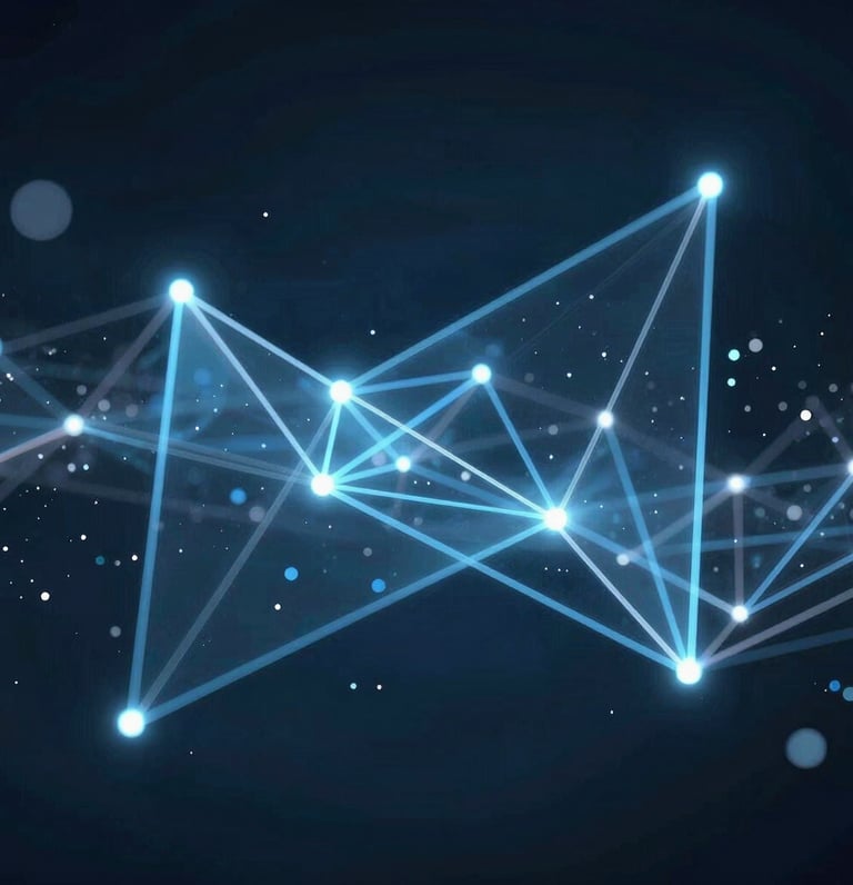 A sleek, modern city skyline at dusk with glowing green and blue digital overlays symbolizing technology and sustainability.