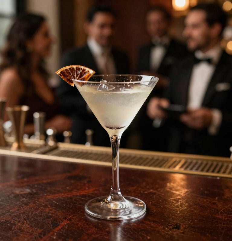 A vibrant cocktail glass with colorful layers and fresh garnishes on a wooden bar counter.