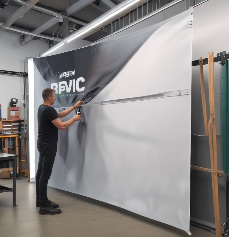 A vibrant outdoor banner being installed on a storefront in a scenic Tirol town.