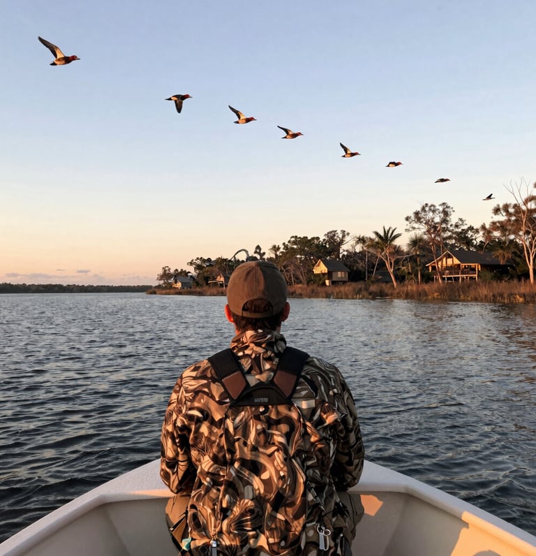 Sunrise over a misty marsh with a boat ready for duck hunting