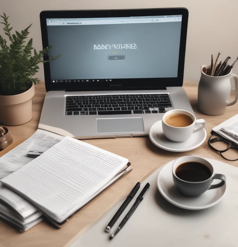 A cozy workspace with a laptop, notebook, and coffee cup, symbolizing personal finance and entrepreneurship.