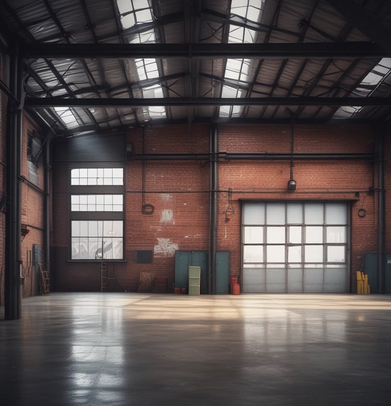 A modern industrial warehouse with clear skies and a spacious loading dock.