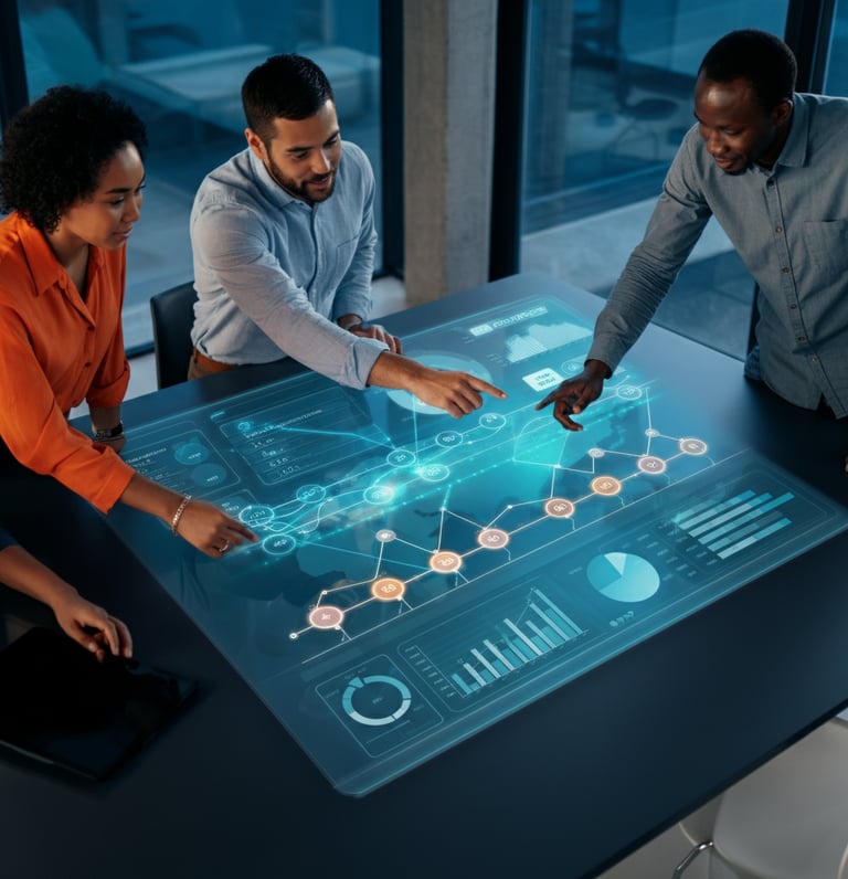 Verve Phoenix project managers analyzing a digital dashboard with progress metrics and timelines in a collaborative workspace
