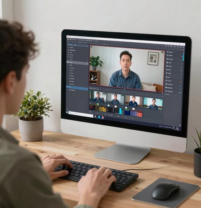 A vibrant workspace with an artist painting and a content creator editing videos on a laptop.